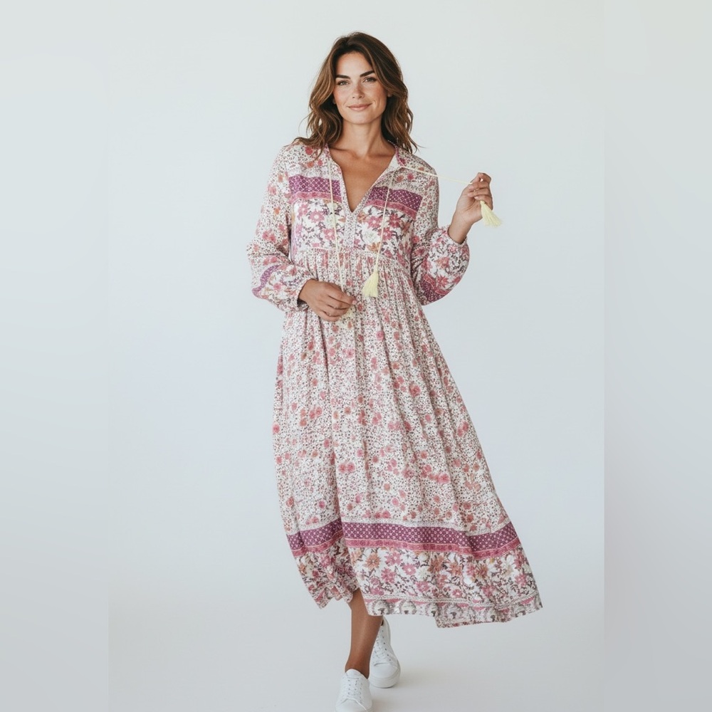 R.Vivimos Women's Floral Print Retro V Neck Tassel Bohemian Midi Dress Size XS - Picture 9 of 9